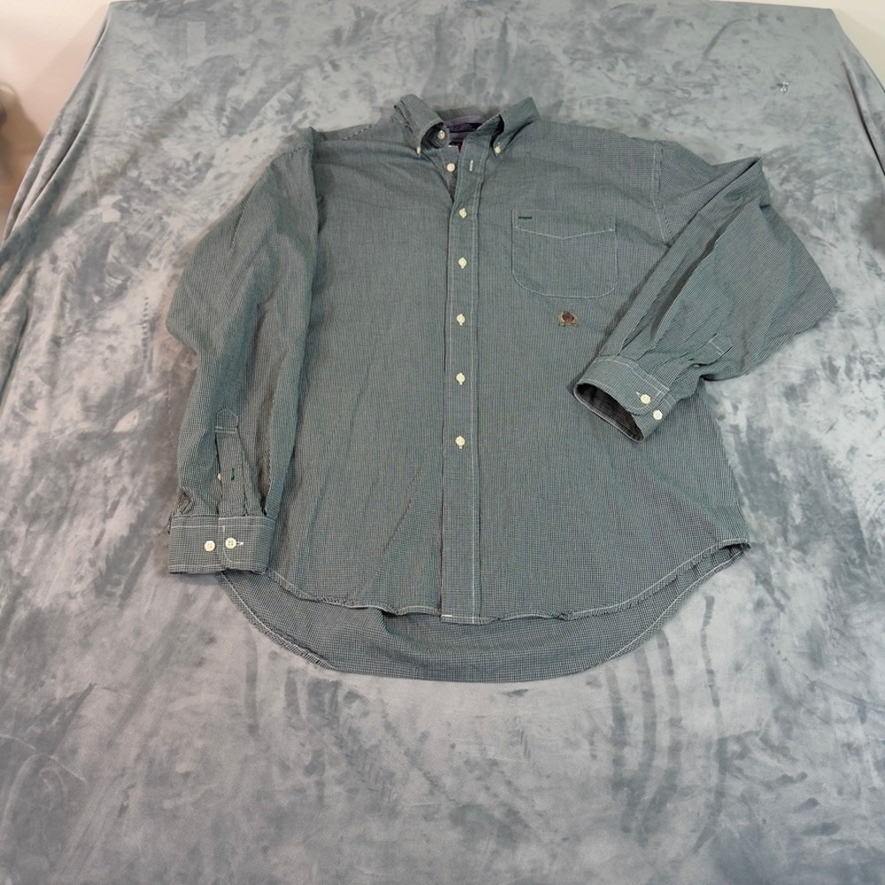 Tommy Hilfiger Mens Large Green Micro Check Button Down Shirt Crest Logo Cotton